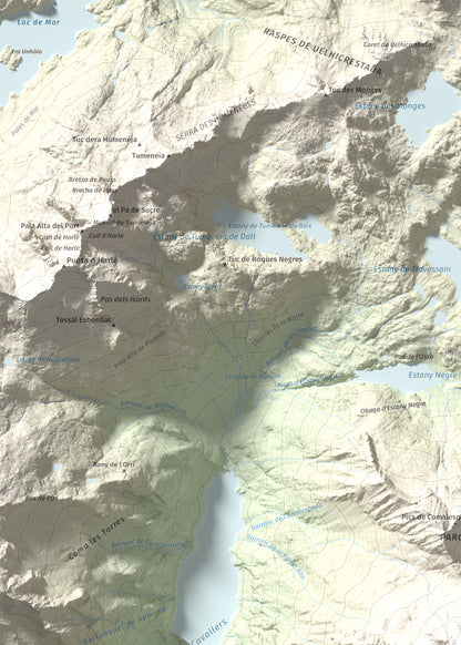 Mapa de relieve de Punta Alta, 3014 m, Alta Ribagorça, lámina 100 Cims de Trobart. Detalle de la zona superior izquierda. 50 × 70 cm.