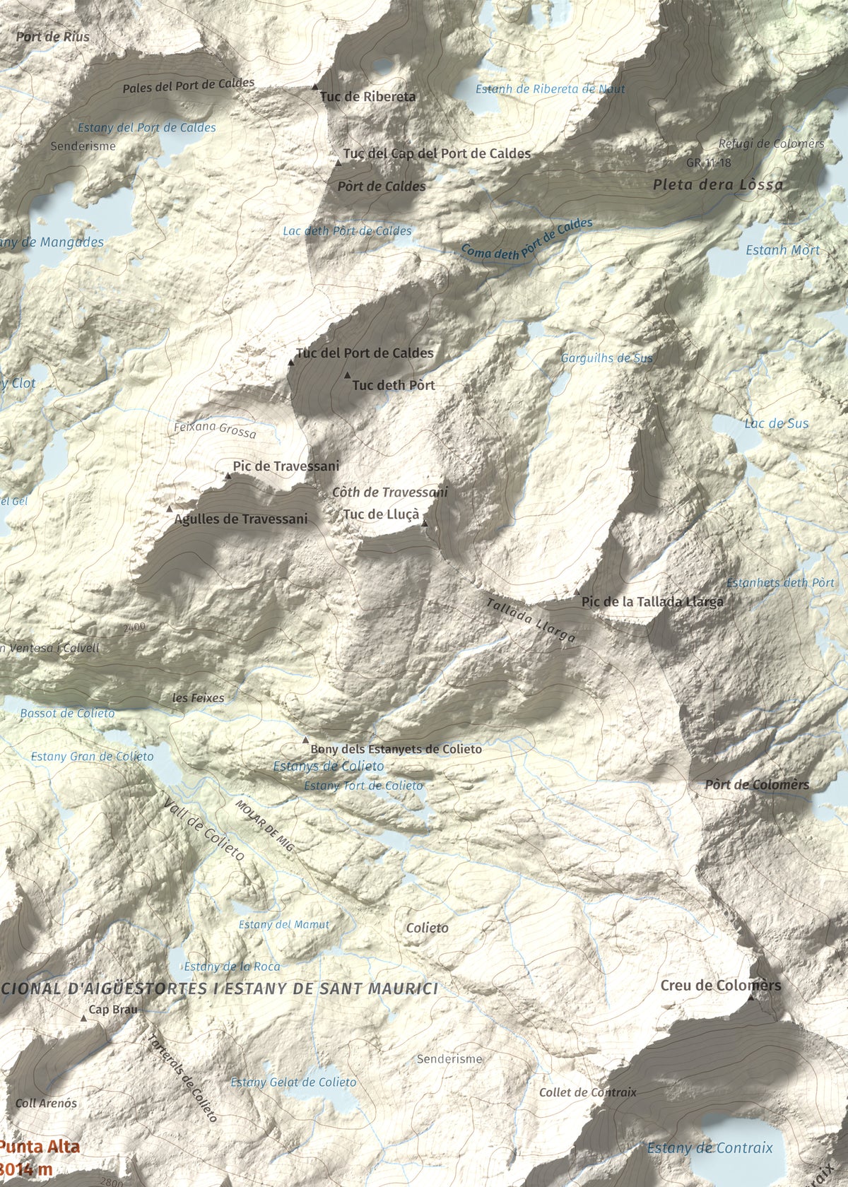 Mapa de relieve de Punta Alta, 3014 m, Alta Ribagorça, lámina 100 Cims de Trobart. Detalle de la zona superior derecha. 50 × 70 cm.