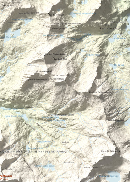 Mapa de relieve de Punta Alta, 3014 m, Alta Ribagorça, lámina 100 Cims de Trobart. Detalle de la zona superior derecha. 50 × 70 cm.
