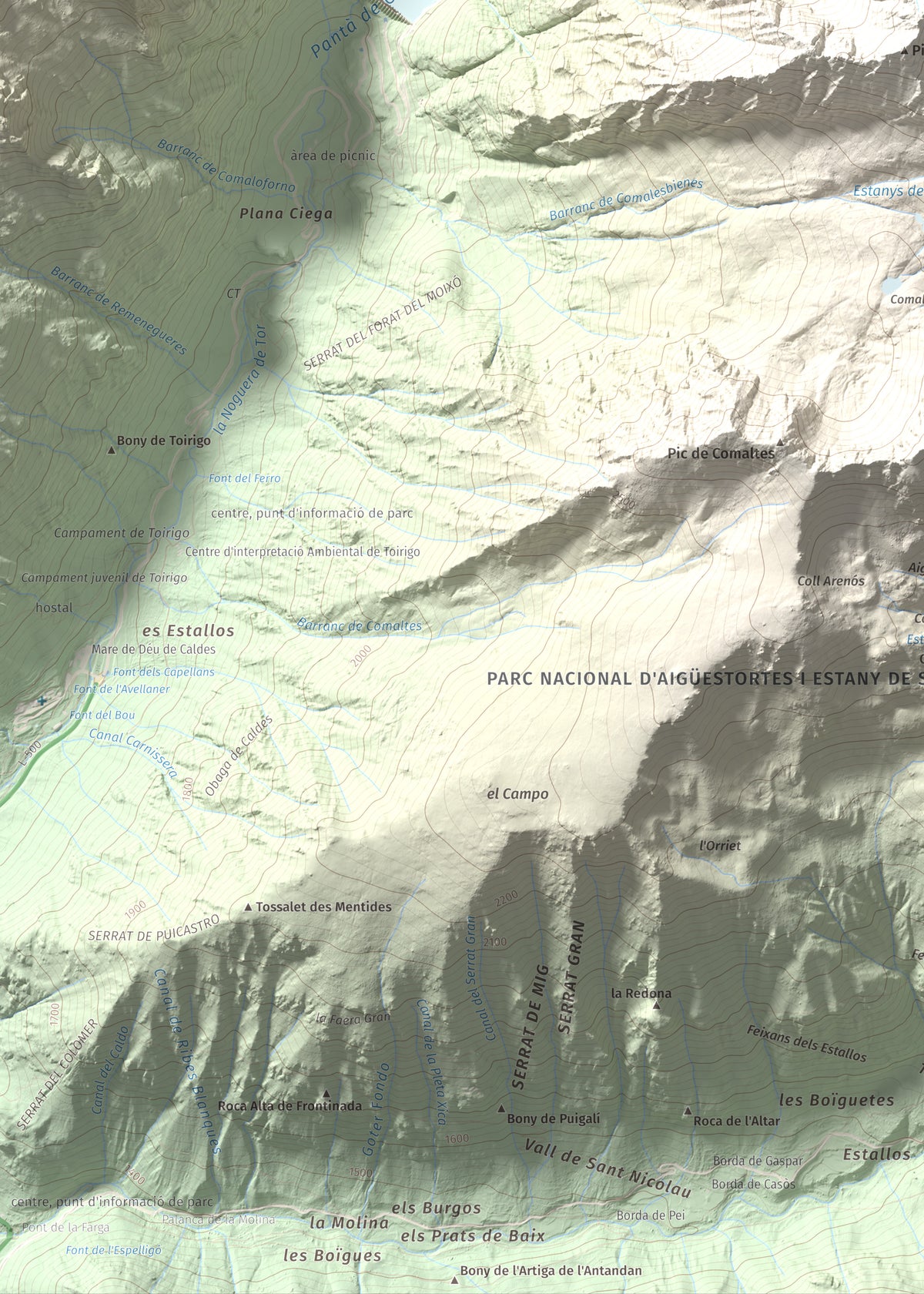 Mapa de relieve de Punta Alta, 3014 m, Alta Ribagorça, lámina 100 Cims de Trobart. Detalle de la zona inferior izquierda. 50 × 70 cm.