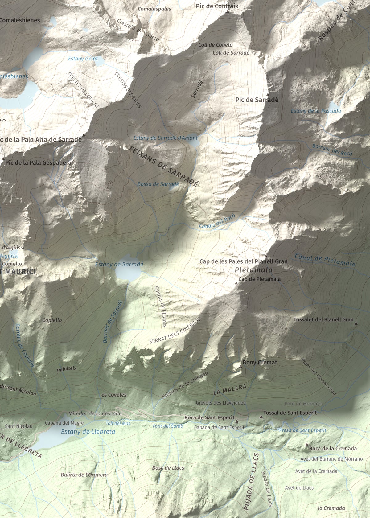 Mapa de relieve de Punta Alta, 3014 m, Alta Ribagorça, lámina 100 Cims de Trobart. Detalle de la zona inferior derecha. 50 × 70 cm.