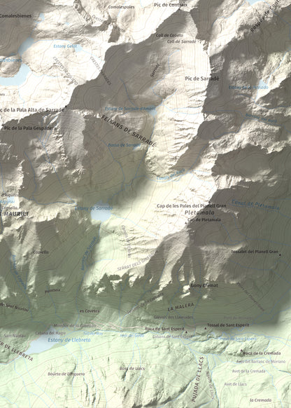 Mapa de relieve de Punta Alta, 3014 m, Alta Ribagorça, lámina 100 Cims de Trobart. Detalle de la zona inferior derecha. 50 × 70 cm.