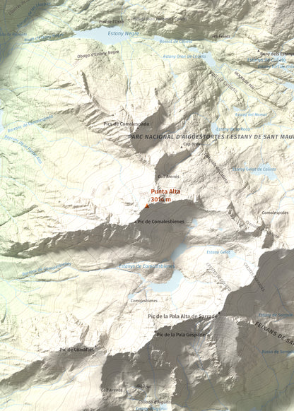 Mapa de relieve de Punta Alta, 3014 m, Alta Ribagorça, lámina 100 Cims de Trobart. Detalle de la zona central. 50 × 70 cm.