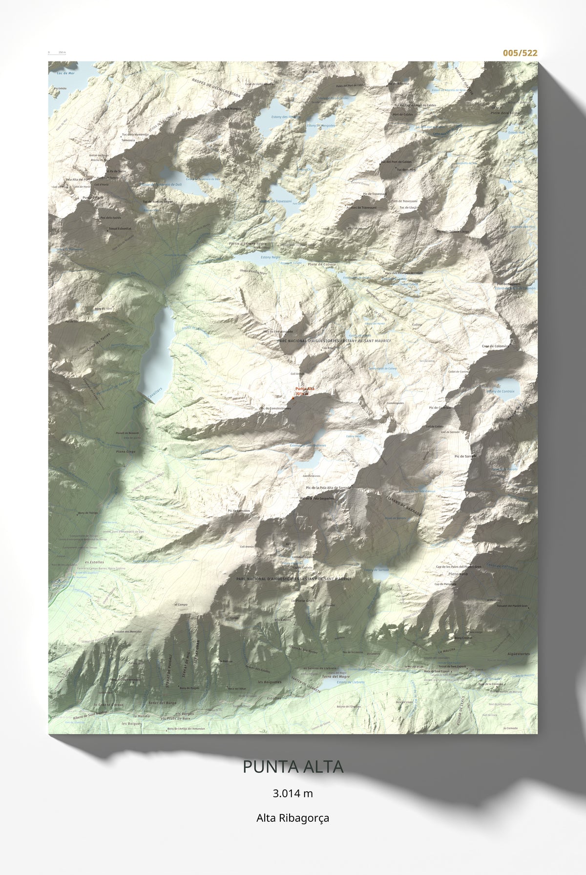 Mapa de relieve de Punta Alta, 3014 m, Alta Ribagorça, lámina 100 Cims de Trobart 61 × 91 cm.