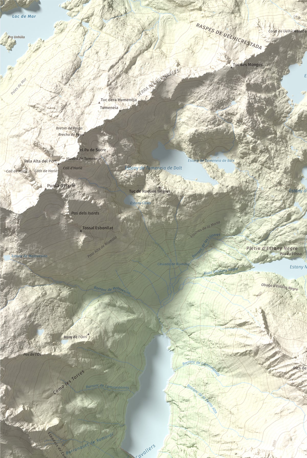 Mapa de relieve de Punta Alta, 3014 m, Alta Ribagorça, lámina 100 Cims de Trobart. Detalle de la zona superior izquierda. 61 × 91 cm.