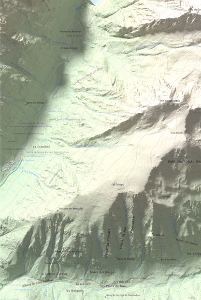 Mapa de relieve de Punta Alta, 3014 m, Alta Ribagorça, lámina 100 Cims de Trobart. Detalle de la zona inferior izquierda. 61 × 91 cm.
