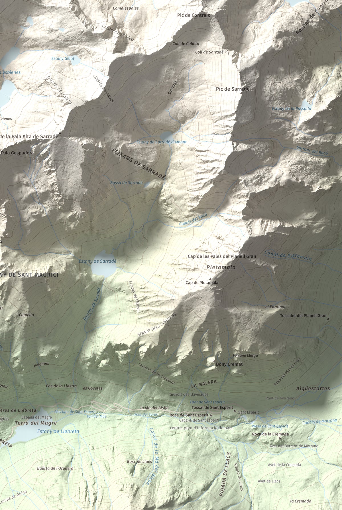 Mapa de relieve de Punta Alta, 3014 m, Alta Ribagorça, lámina 100 Cims de Trobart. Detalle de la zona inferior derecha. 61 × 91 cm.