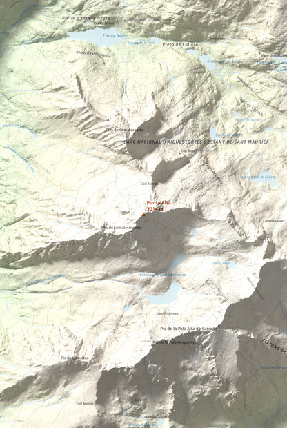Mapa de relieve de Punta Alta, 3014 m, Alta Ribagorça, lámina 100 Cims de Trobart. Detalle de la zona central. 61 × 91 cm.