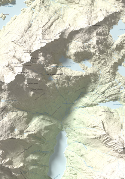 Mapa de relieve de Punta Alta, 3014 m, Alta Ribagorça, lámina 100 Cims de Trobart. Detalle de la zona superior izquierda. 70 × 100 cm.