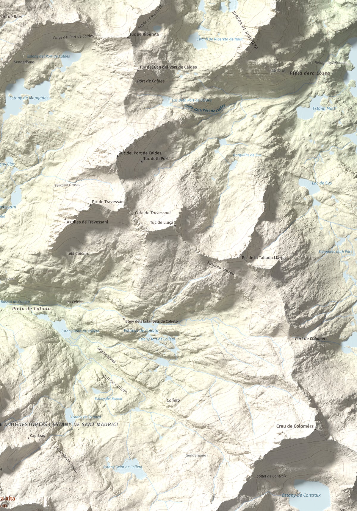 Mapa de relieve de Punta Alta, 3014 m, Alta Ribagorça, lámina 100 Cims de Trobart. Detalle de la zona superior derecha. 70 × 100 cm.