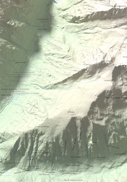 Mapa de relieve de Punta Alta, 3014 m, Alta Ribagorça, lámina 100 Cims de Trobart. Detalle de la zona inferior izquierda. 70 × 100 cm.