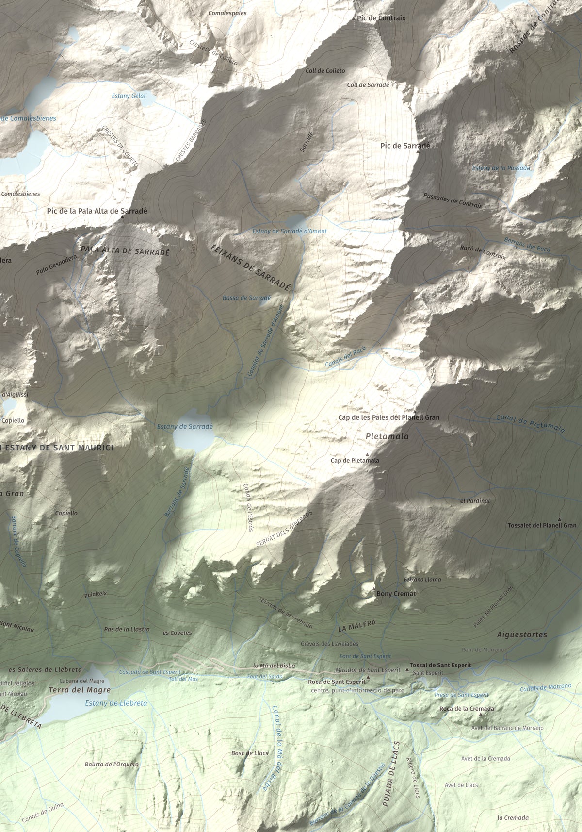 Mapa de relieve de Punta Alta, 3014 m, Alta Ribagorça, lámina 100 Cims de Trobart. Detalle de la zona inferior derecha. 70 × 100 cm.