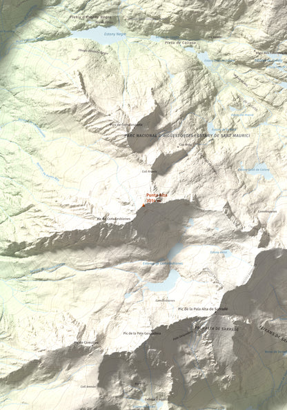 Mapa de relieve de Punta Alta, 3014 m, Alta Ribagorça, lámina 100 Cims de Trobart. Detalle de la zona central. 70 × 100 cm.