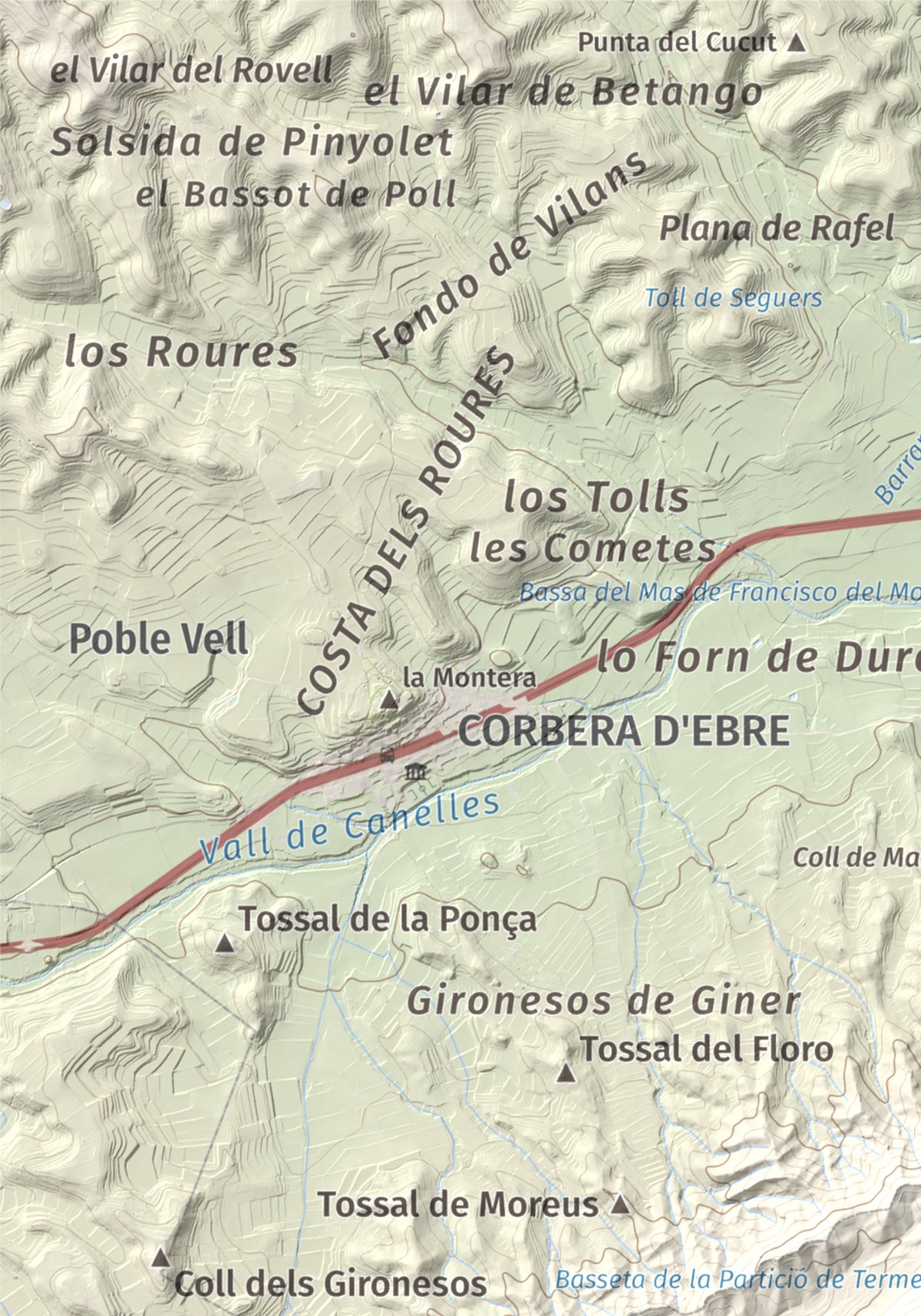 Mapa topográfico del relieve: Punta Redona, 659 m. Detalle de la zona superior izquierda. 21 × 30 cm.