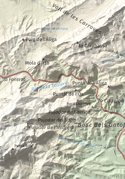 Mapa topográfico del relieve: Punta Redona, 659 m. Detalle de la zona inferior izquierda. 21 × 30 cm.