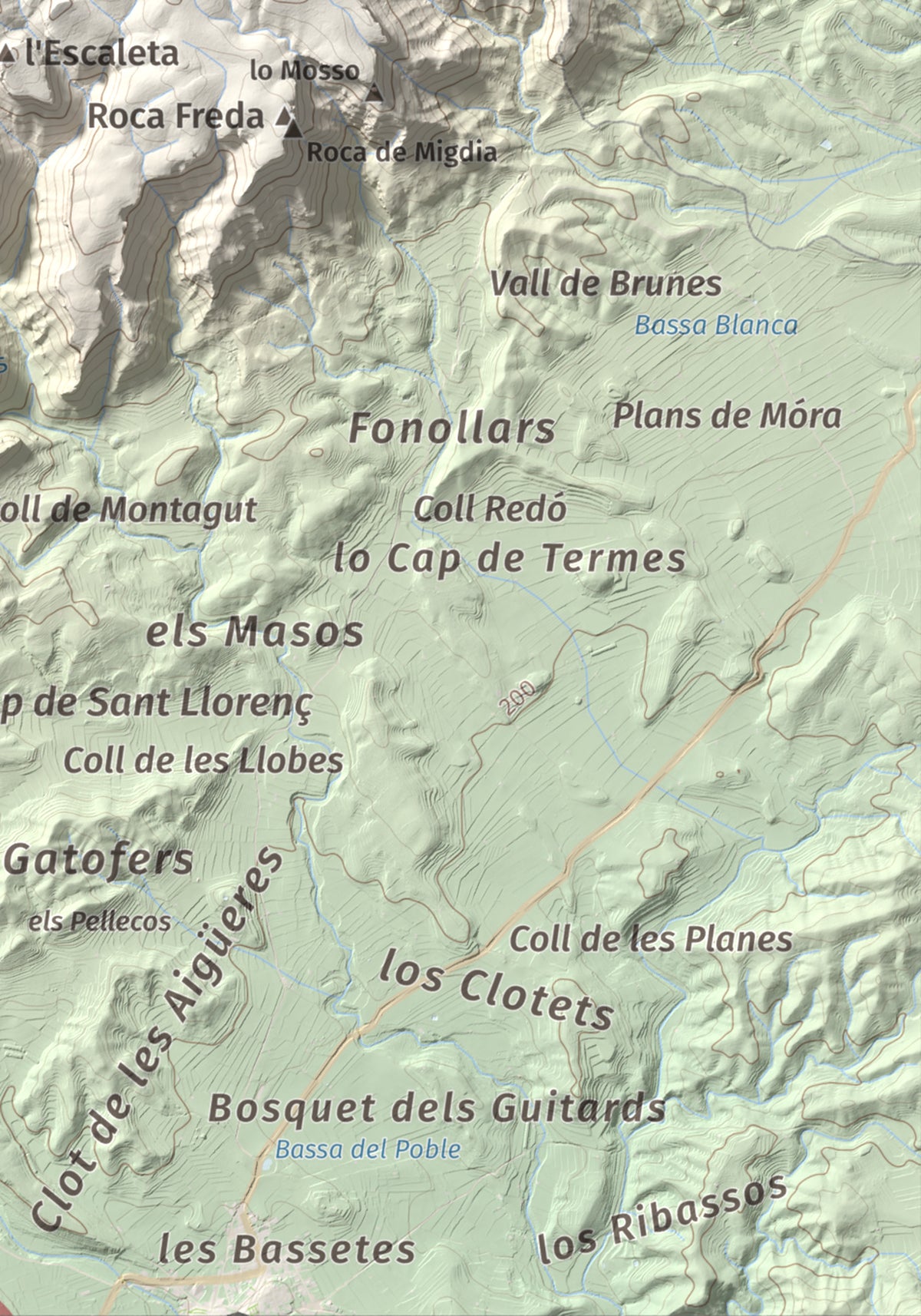 Mapa topográfico del relieve: Punta Redona, 659 m. Detalle de la zona inferior derecha. 21 × 30 cm.