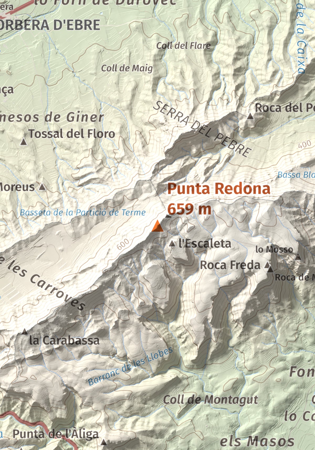 Mapa topográfico del relieve: Punta Redona, 659 m. Detalle de la zona central. 21 × 30 cm.