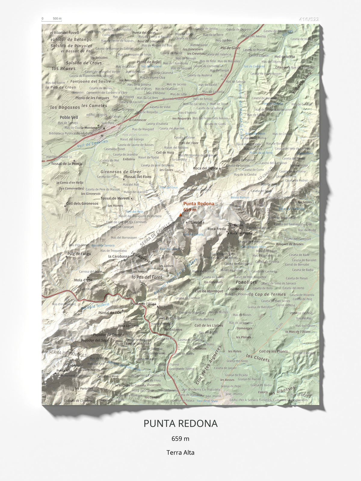 Mapa topográfico del relieve: Punta Redona, 659 m. Lámina completa. 30 × 40 cm.