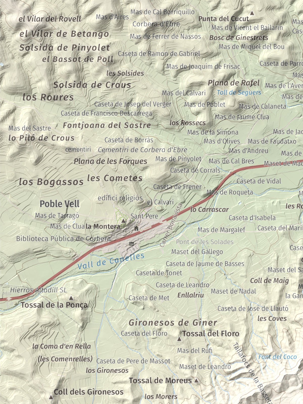 Mapa topográfico del relieve: Punta Redona, 659 m. Detalle de la zona superior izquierda. 30 × 40 cm.