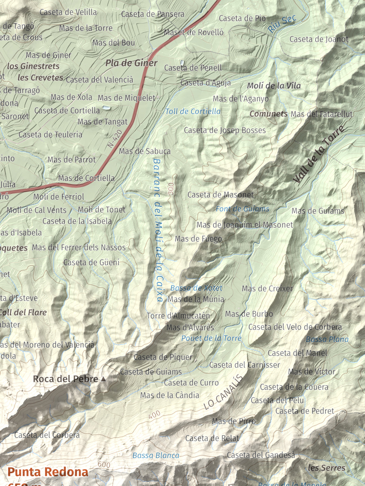 Mapa topográfico del relieve: Punta Redona, 659 m. Detalle de la zona superior derecha. 30 × 40 cm.