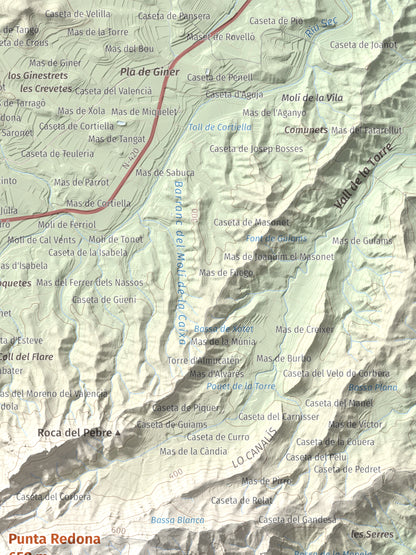 Mapa topográfico del relieve: Punta Redona, 659 m. Detalle de la zona superior derecha. 30 × 40 cm.