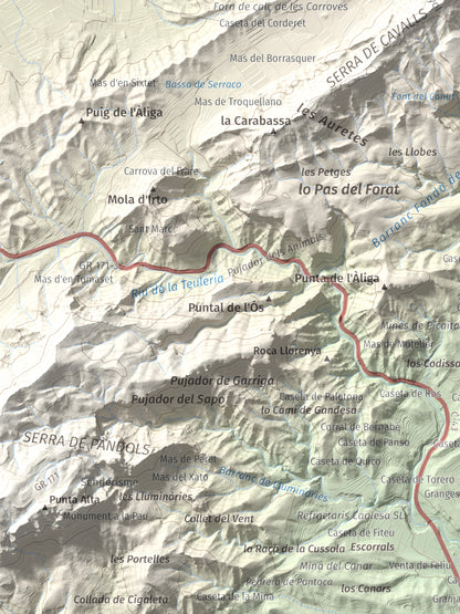 Mapa topográfico del relieve: Punta Redona, 659 m. Detalle de la zona inferior izquierda. 30 × 40 cm.