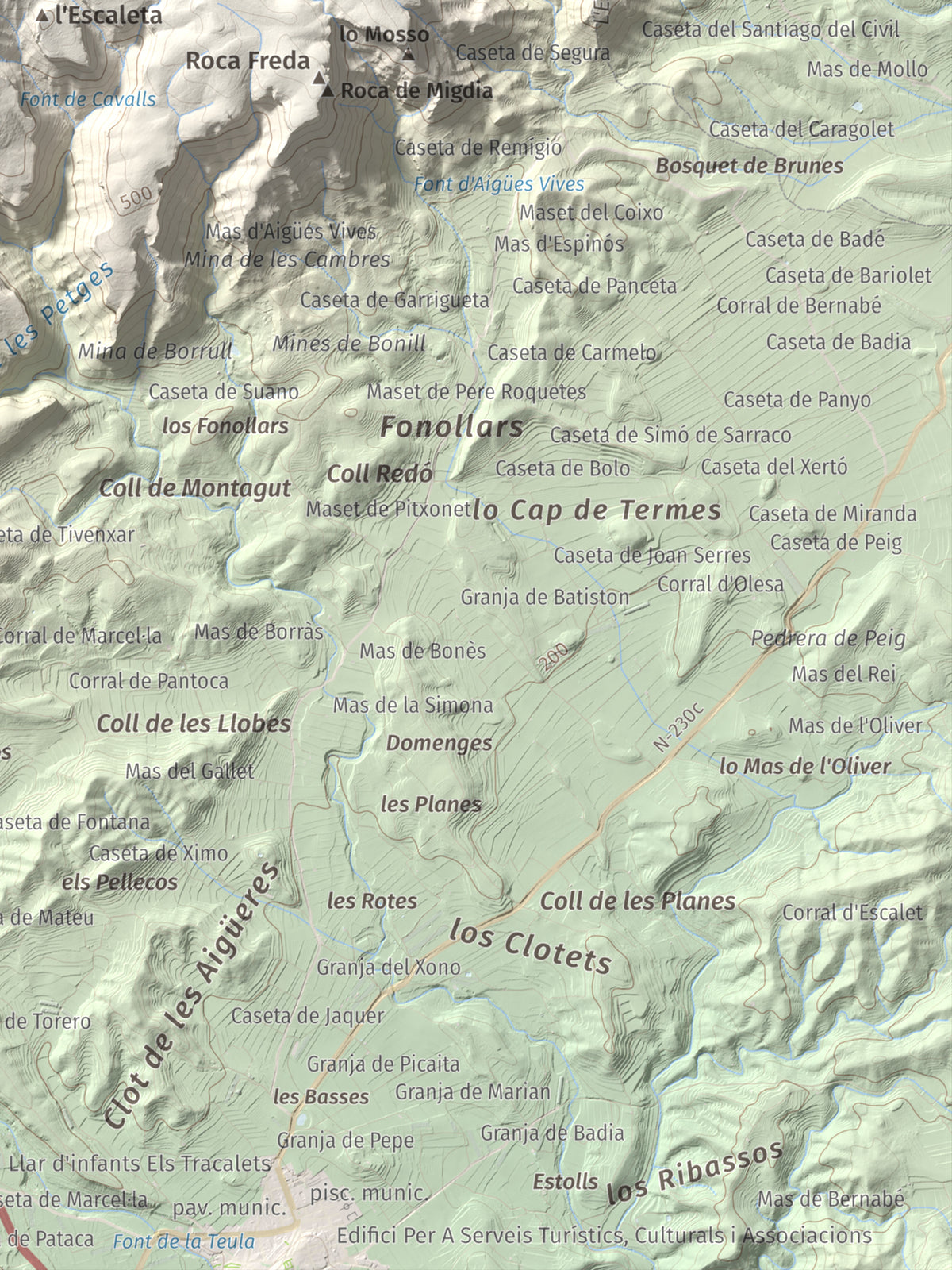 Mapa topográfico del relieve: Punta Redona, 659 m. Detalle de la zona inferior derecha. 30 × 40 cm.