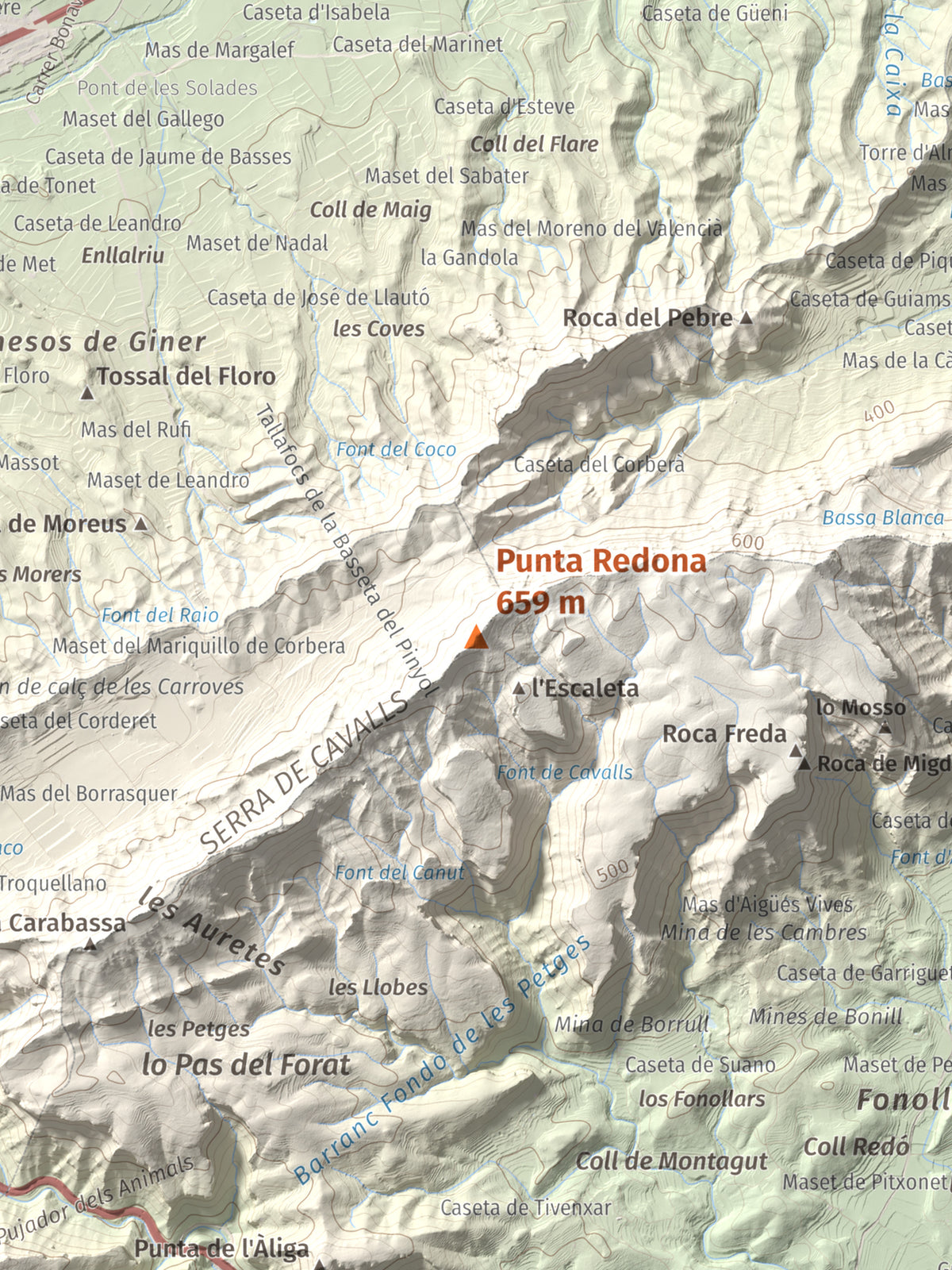 Mapa topográfico del relieve: Punta Redona, 659 m. Detalle de la zona central. 30 × 40 cm.