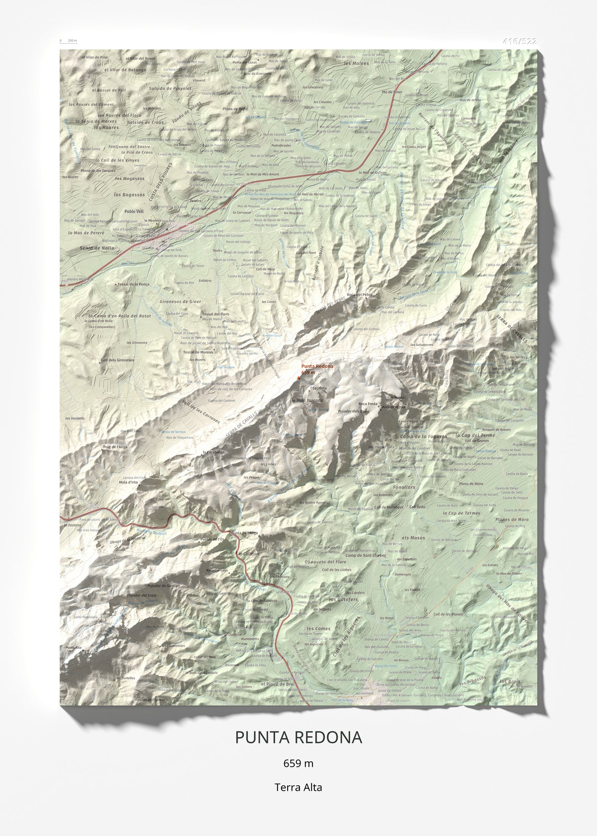 Mapa topográfico del relieve: Punta Redona, 659 m. Lámina completa. 50 × 70 cm.