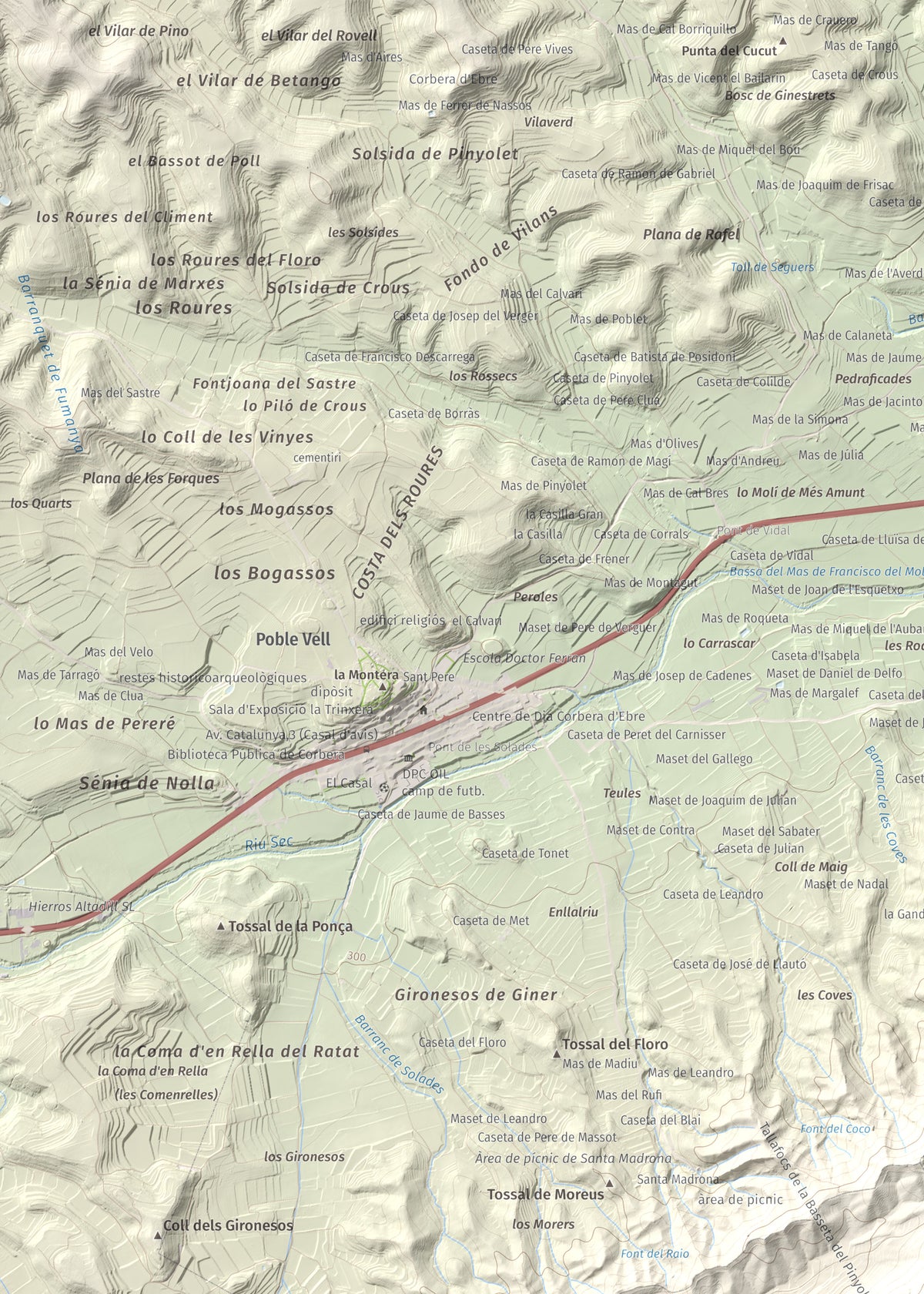 Mapa topográfico del relieve: Punta Redona, 659 m. Detalle de la zona superior izquierda. 50 × 70 cm.
