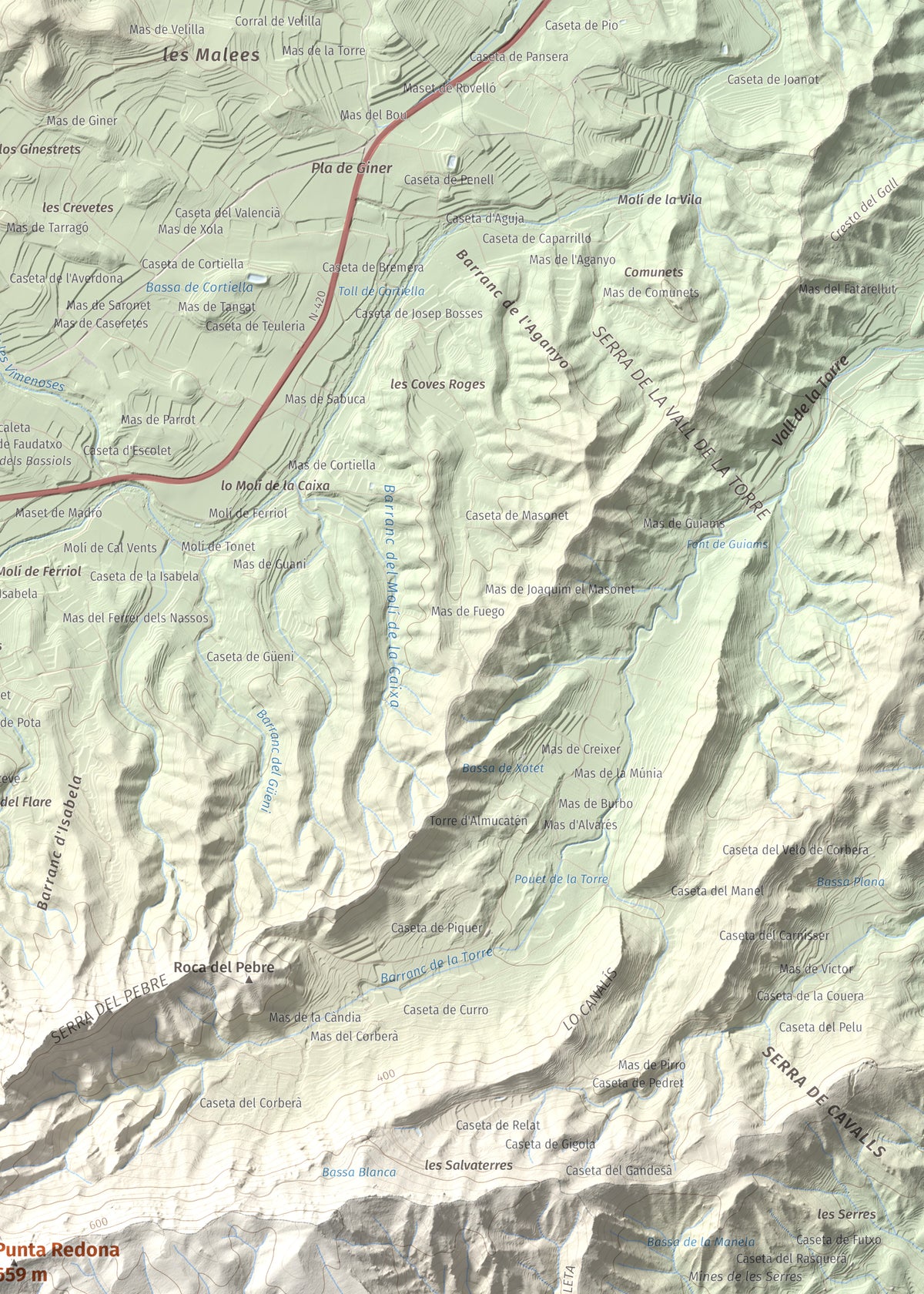 Mapa topográfico del relieve: Punta Redona, 659 m. Detalle de la zona superior derecha. 50 × 70 cm.
