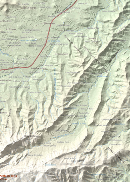 Mapa topográfico del relieve: Punta Redona, 659 m. Detalle de la zona superior derecha. 50 × 70 cm.