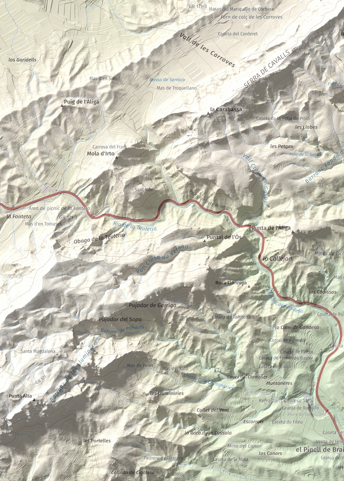 Mapa topográfico del relieve: Punta Redona, 659 m. Detalle de la zona inferior izquierda. 50 × 70 cm.
