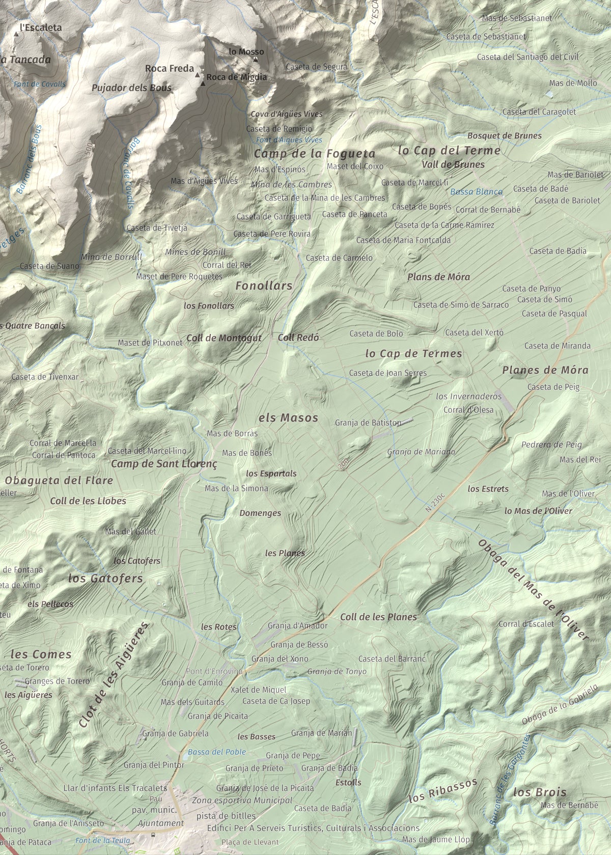 Mapa topográfico del relieve: Punta Redona, 659 m. Detalle de la zona inferior derecha. 50 × 70 cm.