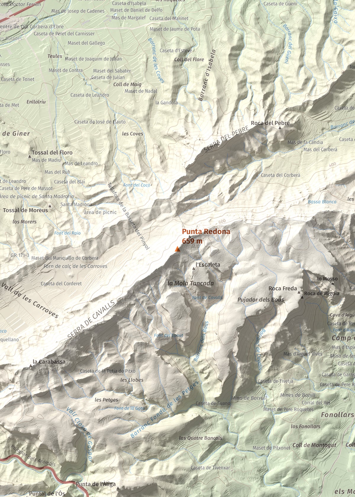 Mapa topográfico del relieve: Punta Redona, 659 m. Detalle de la zona central. 50 × 70 cm.