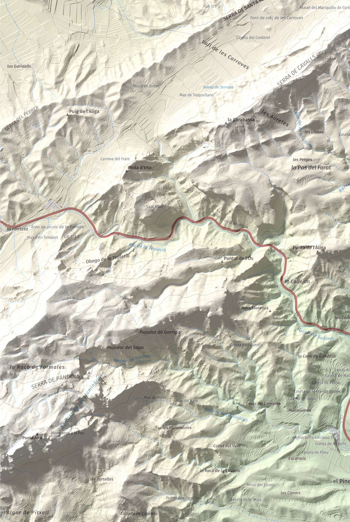 Mapa topográfico del relieve: Punta Redona, 659 m. Detalle de la zona inferior izquierda. 61 × 91 cm.