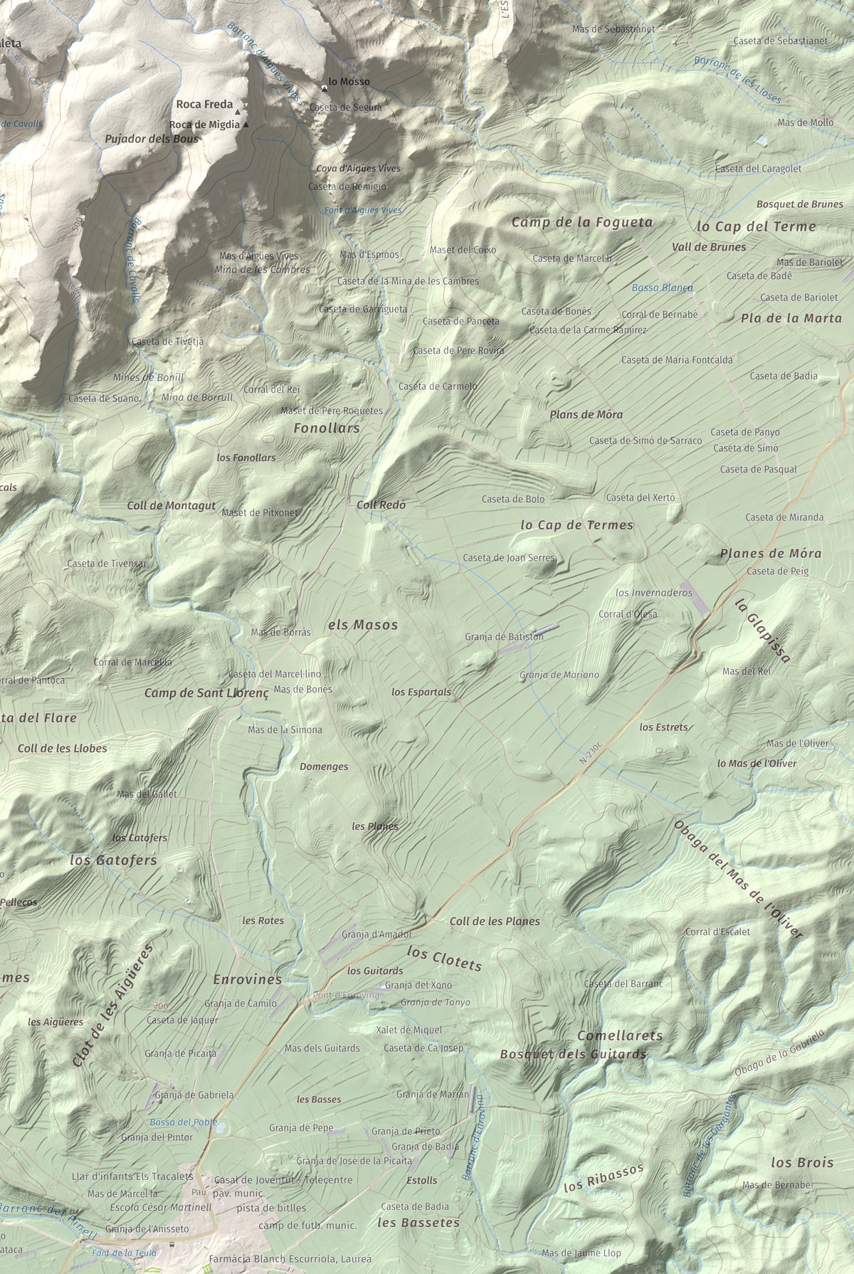 Mapa topográfico del relieve: Punta Redona, 659 m. Detalle de la zona inferior derecha. 61 × 91 cm.