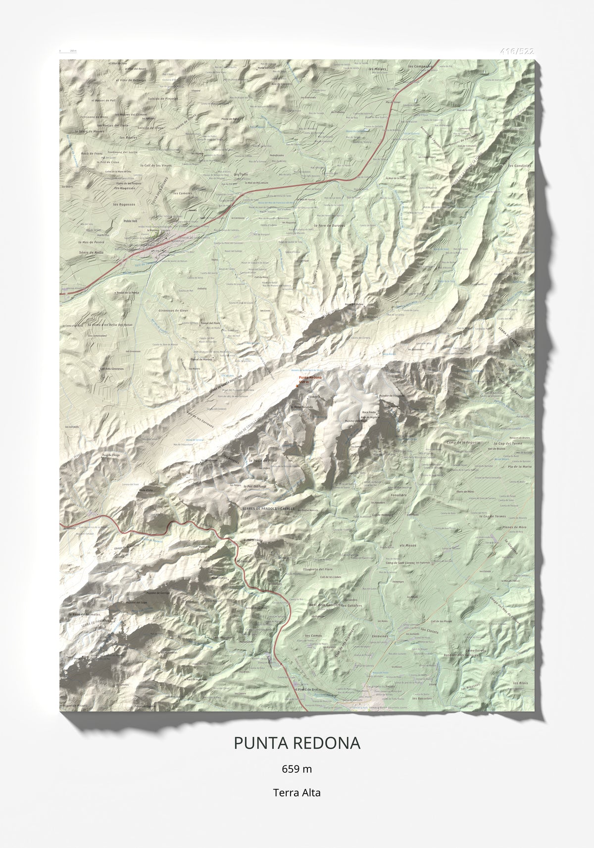 Mapa topográfico del relieve: Punta Redona, 659 m. Lámina completa. 70 × 100 cm.