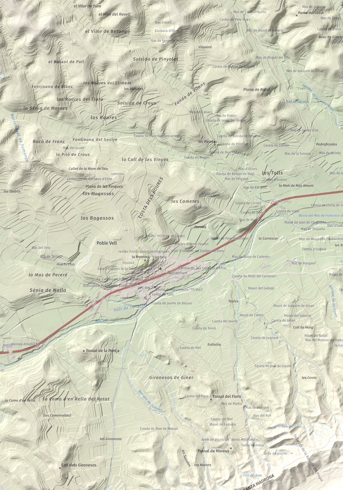 Mapa topográfico del relieve: Punta Redona, 659 m. Detalle de la zona superior izquierda. 70 × 100 cm.