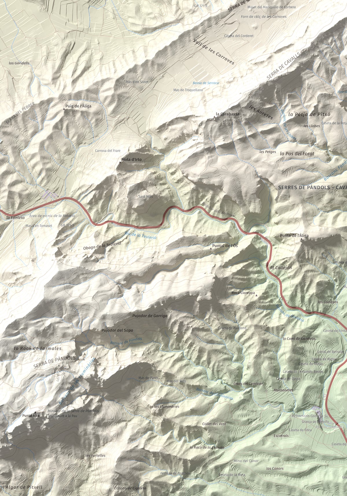 Mapa topográfico del relieve: Punta Redona, 659 m. Detalle de la zona inferior izquierda. 70 × 100 cm.