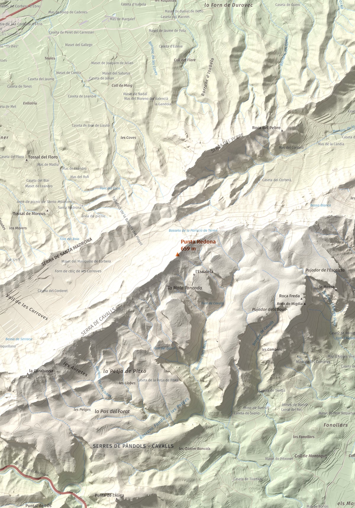 Mapa topográfico del relieve: Punta Redona, 659 m. Detalle de la zona central. 70 × 100 cm.