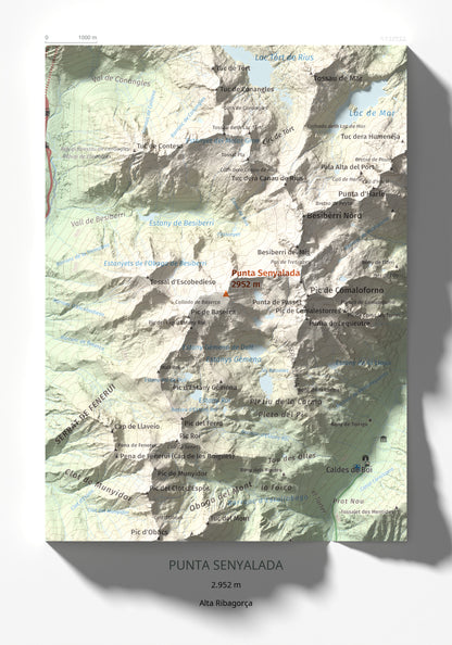 Mapa de relieve de Punta Senyalada, 2952 m, Alta Ribagorça, lámina 100 Cims de Trobart 21 × 30 cm.
