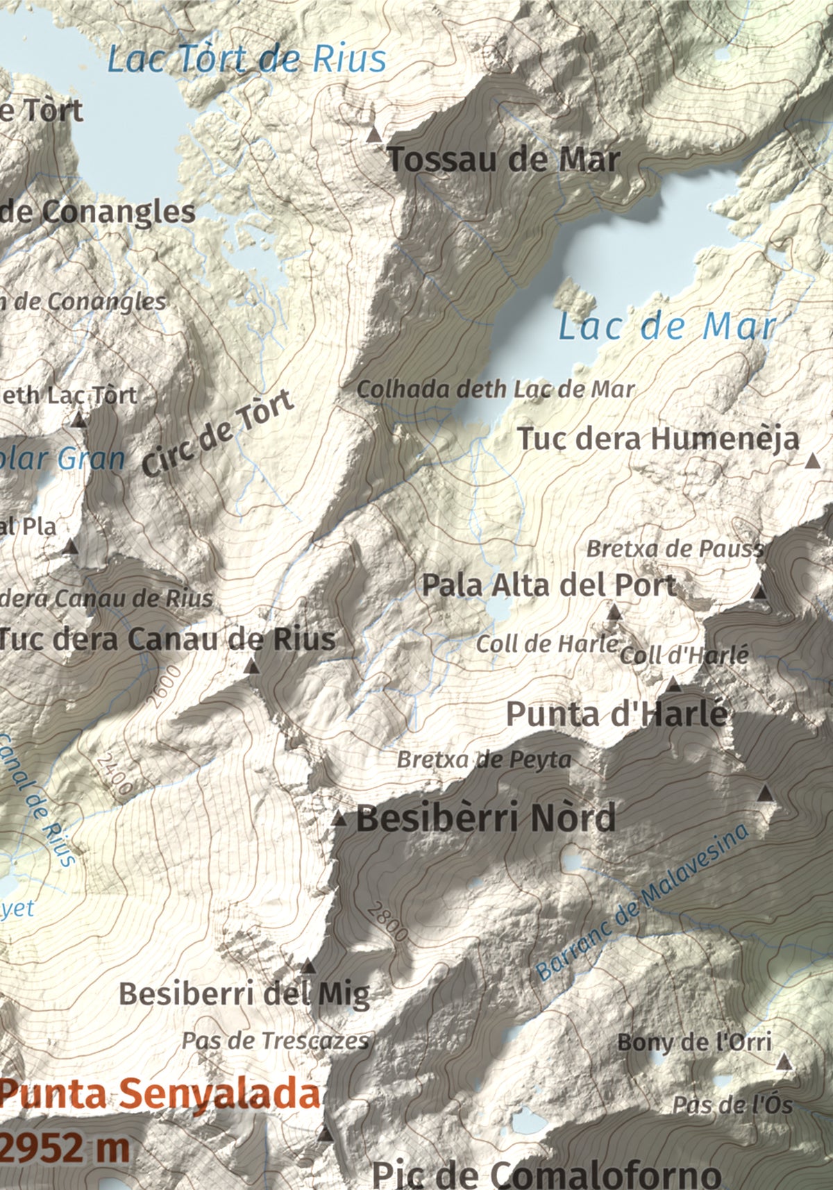 Mapa de relieve de Punta Senyalada, 2952 m, Alta Ribagorça, lámina 100 Cims de Trobart. Detalle de la zona superior derecha. 21 × 30 cm.