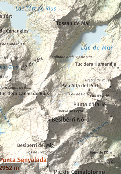 Mapa de relieve de Punta Senyalada, 2952 m, Alta Ribagorça, lámina 100 Cims de Trobart. Detalle de la zona superior derecha. 21 × 30 cm.
