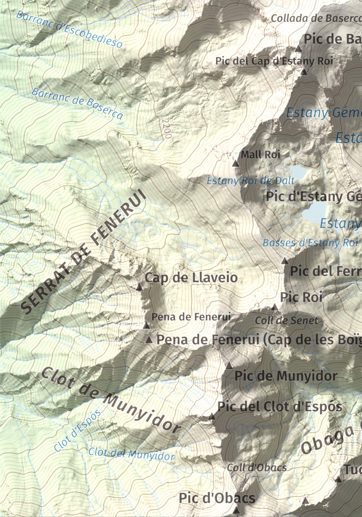 Mapa de relieve de Punta Senyalada, 2952 m, Alta Ribagorça, lámina 100 Cims de Trobart. Detalle de la zona inferior izquierda. 21 × 30 cm.