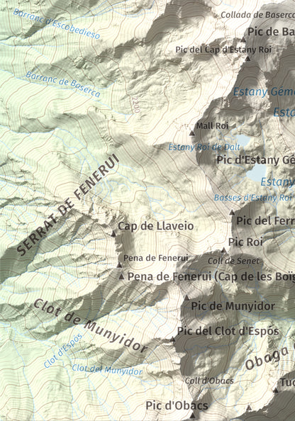 Mapa de relieve de Punta Senyalada, 2952 m, Alta Ribagorça, lámina 100 Cims de Trobart. Detalle de la zona inferior izquierda. 21 × 30 cm.