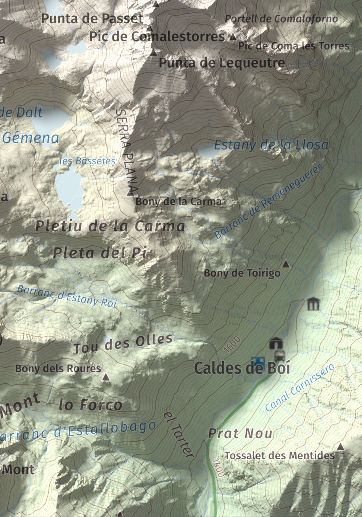 Mapa de relieve de Punta Senyalada, 2952 m, Alta Ribagorça, lámina 100 Cims de Trobart. Detalle de la zona inferior derecha. 21 × 30 cm.