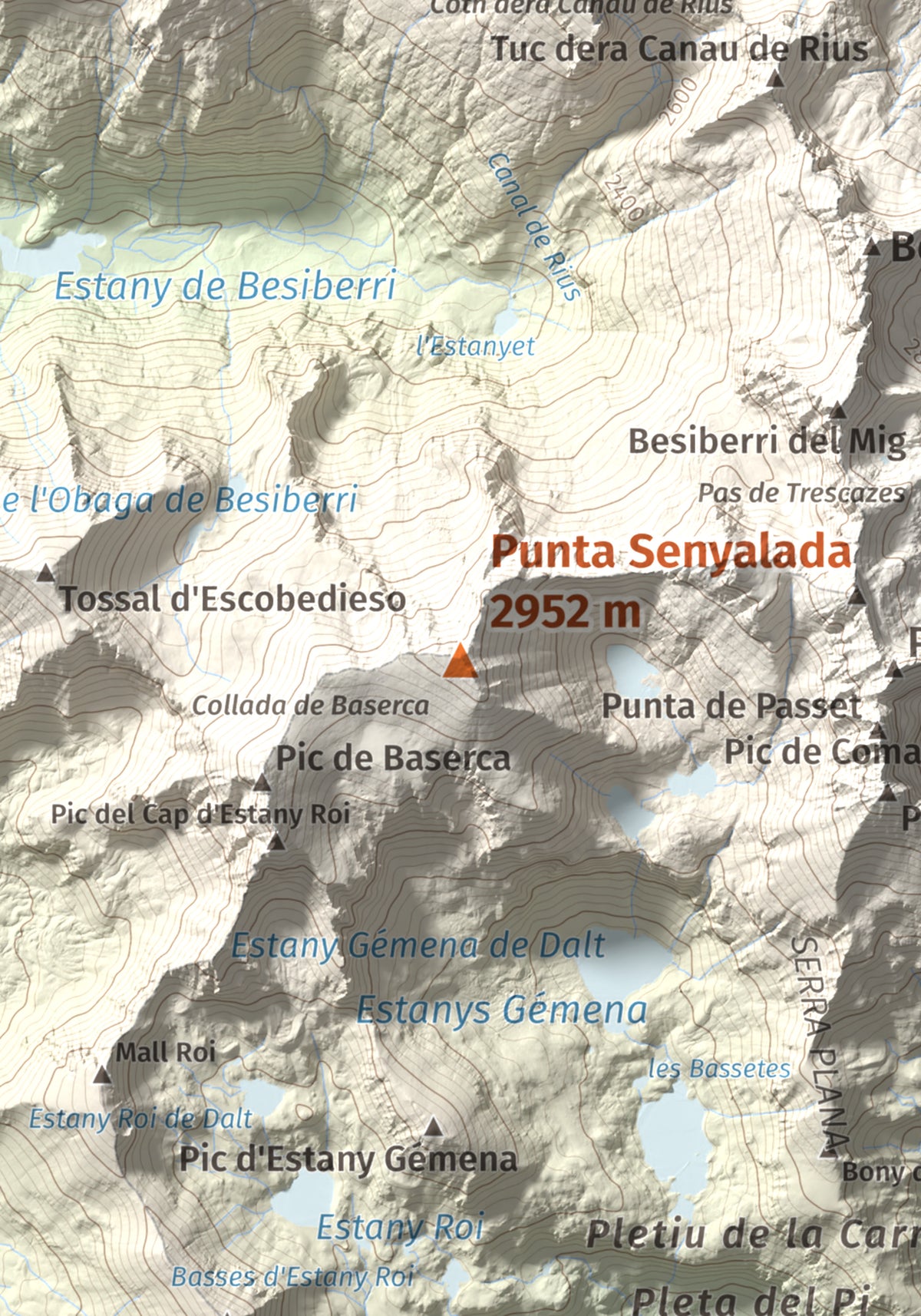 Mapa de relieve de Punta Senyalada, 2952 m, Alta Ribagorça, lámina 100 Cims de Trobart. Detalle de la zona central. 21 × 30 cm.