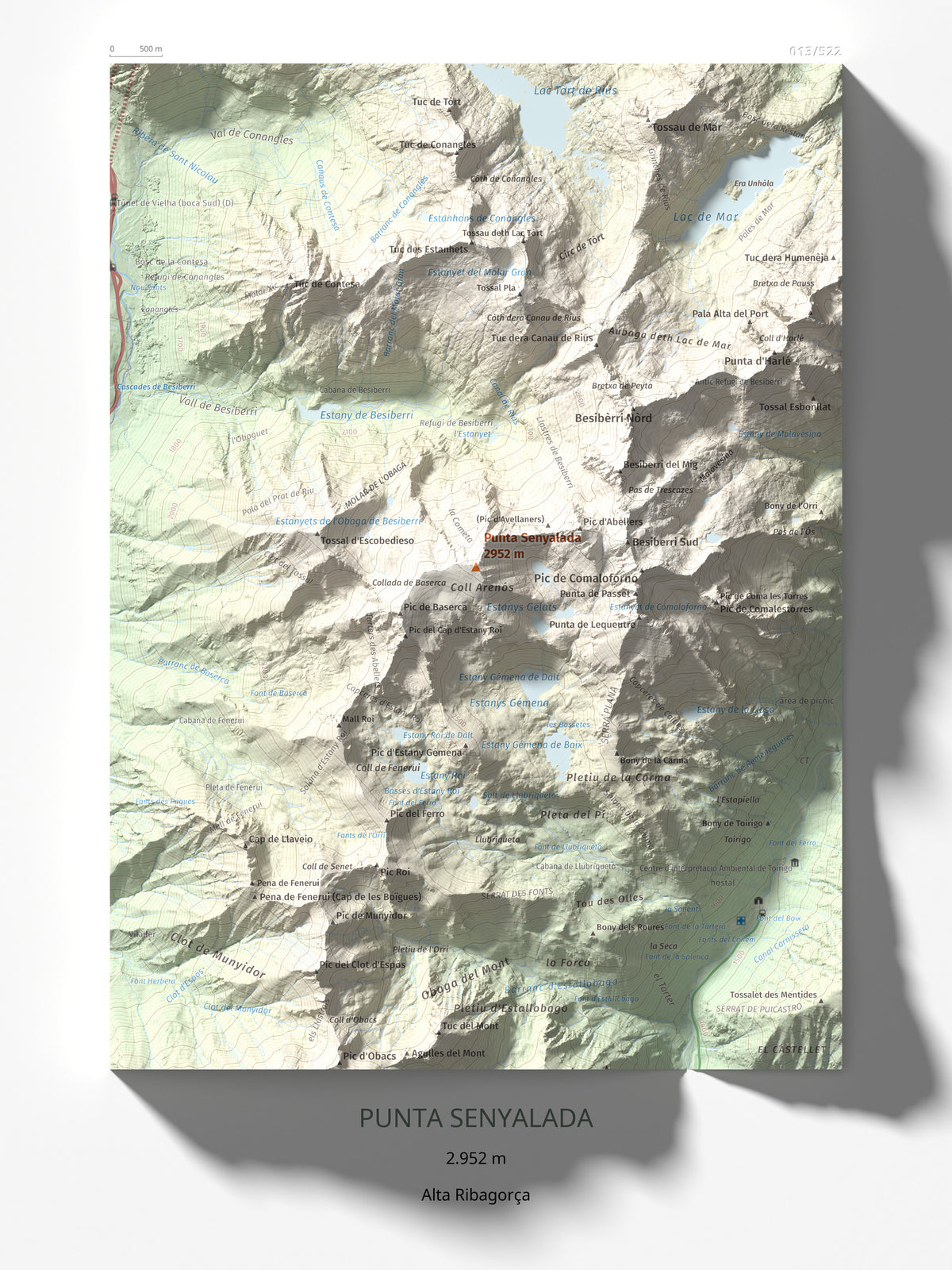 Mapa de relieve de Punta Senyalada, 2952 m, Alta Ribagorça, lámina 100 Cims de Trobart 30 × 40 cm.
