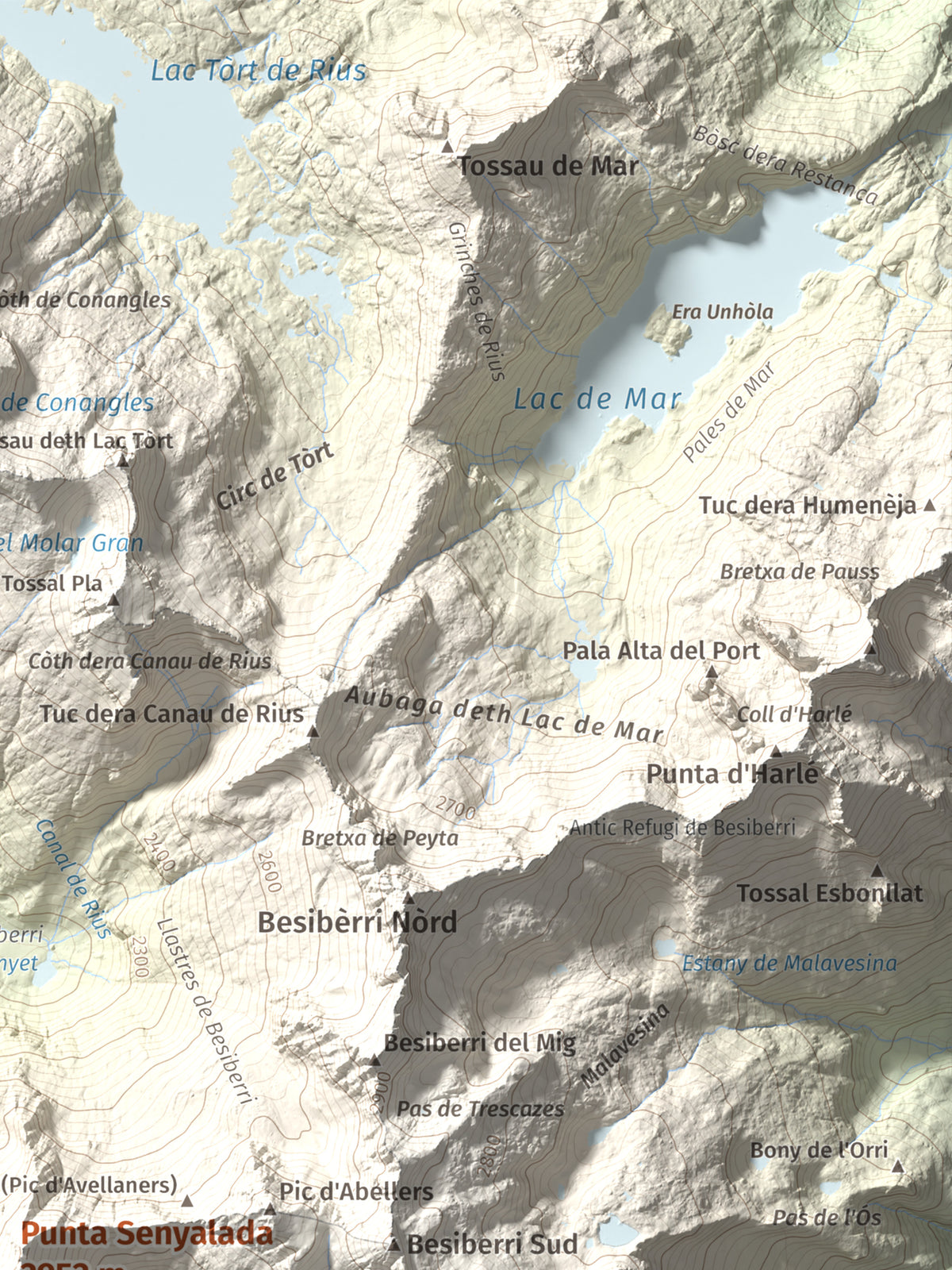 Mapa de relieve de Punta Senyalada, 2952 m, Alta Ribagorça, lámina 100 Cims de Trobart. Detalle de la zona superior derecha. 30 × 40 cm.
